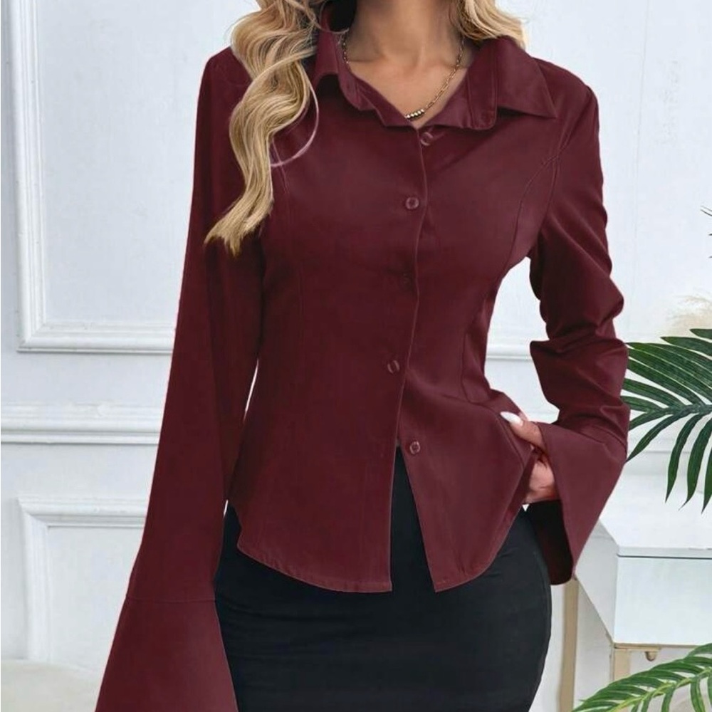Womens Burgundy Button-Front Blouse